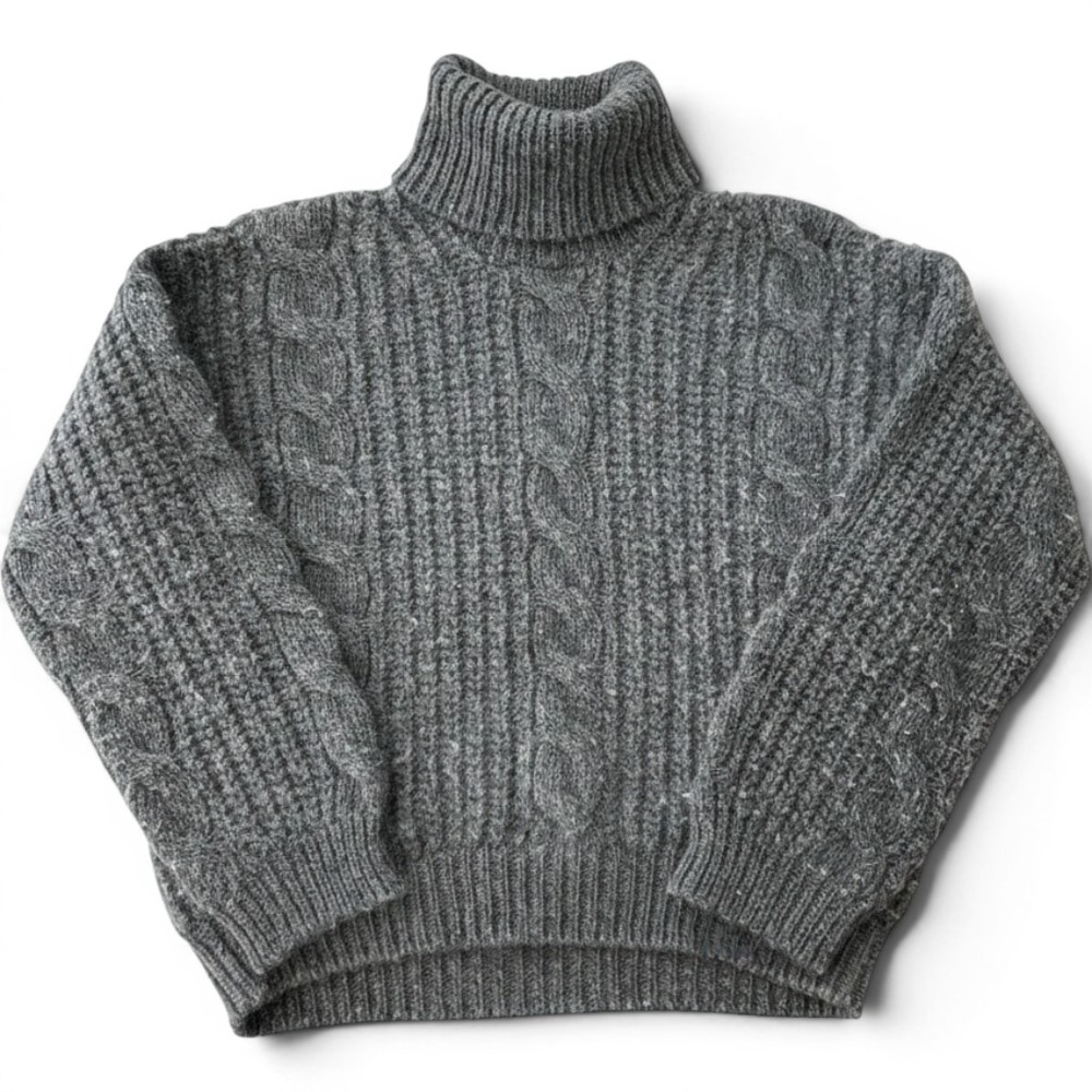 DOEN Cable Turtleneck Sweater Small Charcoal Gray 100% Merino Wool Hand Knitted